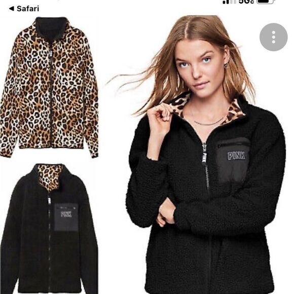 VS PINK teddy leopard zip up reversible jacket neon /animal print LARGE - Picture 4 of 9